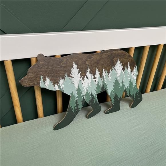 Forest Bear Wall Sign, Adventure Woodland Theme, Rustic Nursery Decor 18 x 10" - Picture 5 of 7